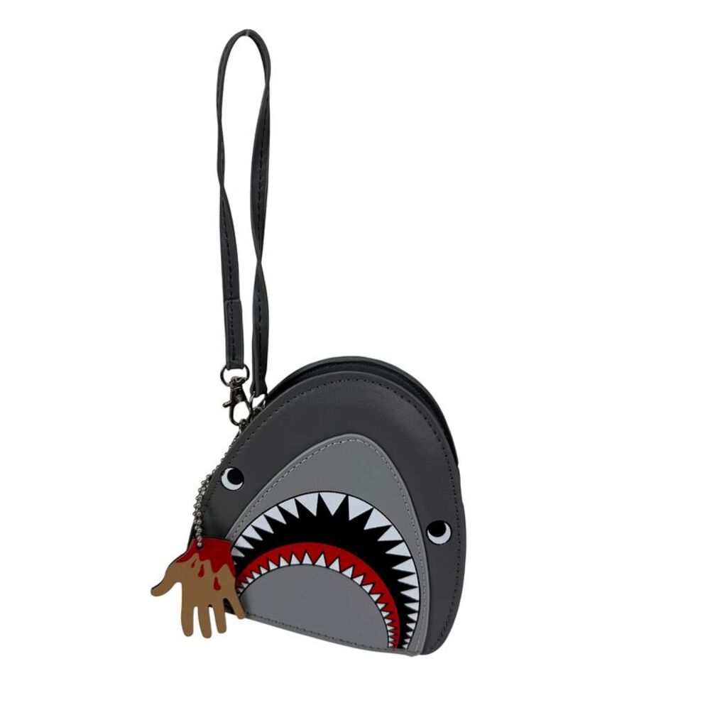 Shark Wristlet Handbag Halloween Grey Vinyl Coin Purse with Hand Charm Zipper